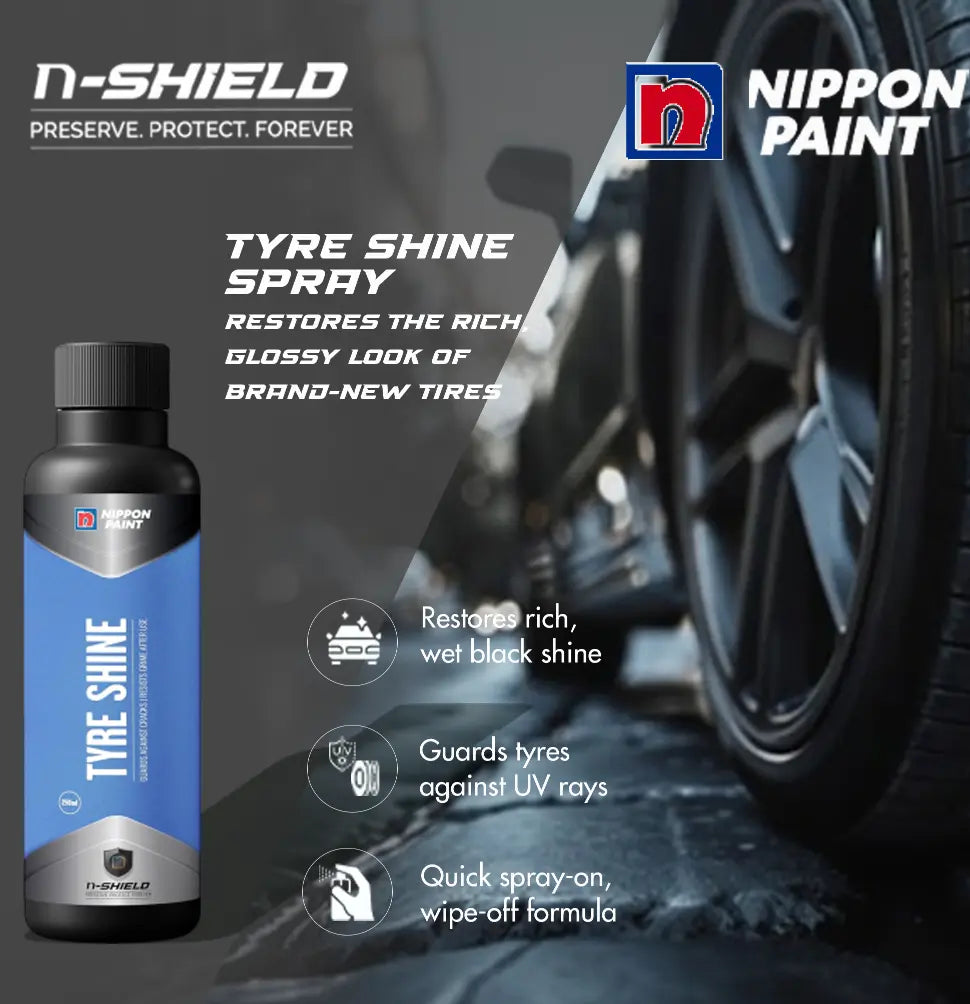 Nippon Paint n-Shield Tyre Shine Spray 250ml | Long Lasting Gloss, Restores Black Finish, Protects from Dust & Fading